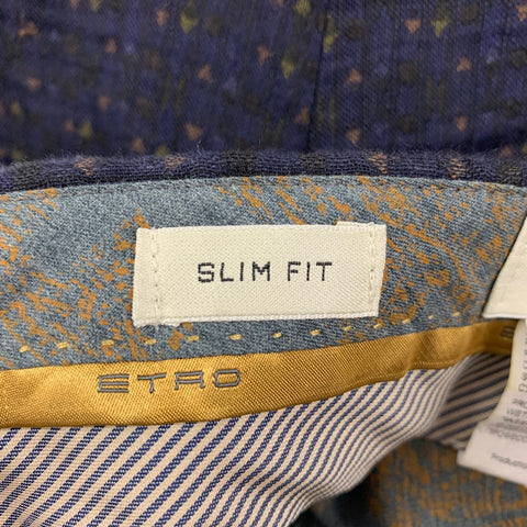 ETRO Size 38 Navy Olive Linen Cotton Single Breasted Slim Fit Suit