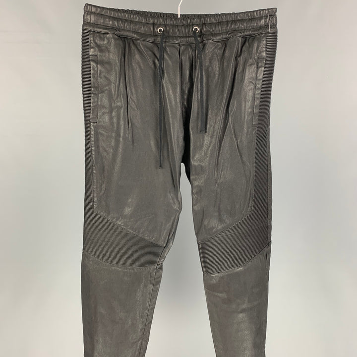 BALMAIN Size XL Black Leather Elastic Waistband Casual Pants