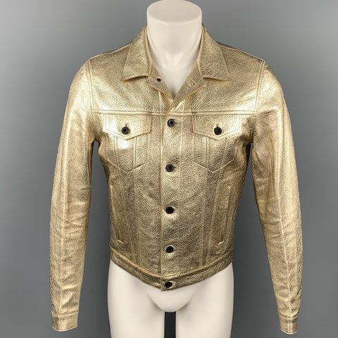 BURBERRY PRORSUM S/S 13 Size 38 Gold Metallic Leather Trucker Jacket