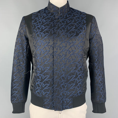 EMPORIO ARMANI Size 42 Black Blue Monogram Jacquard Satin Polyester Cotton Jacket