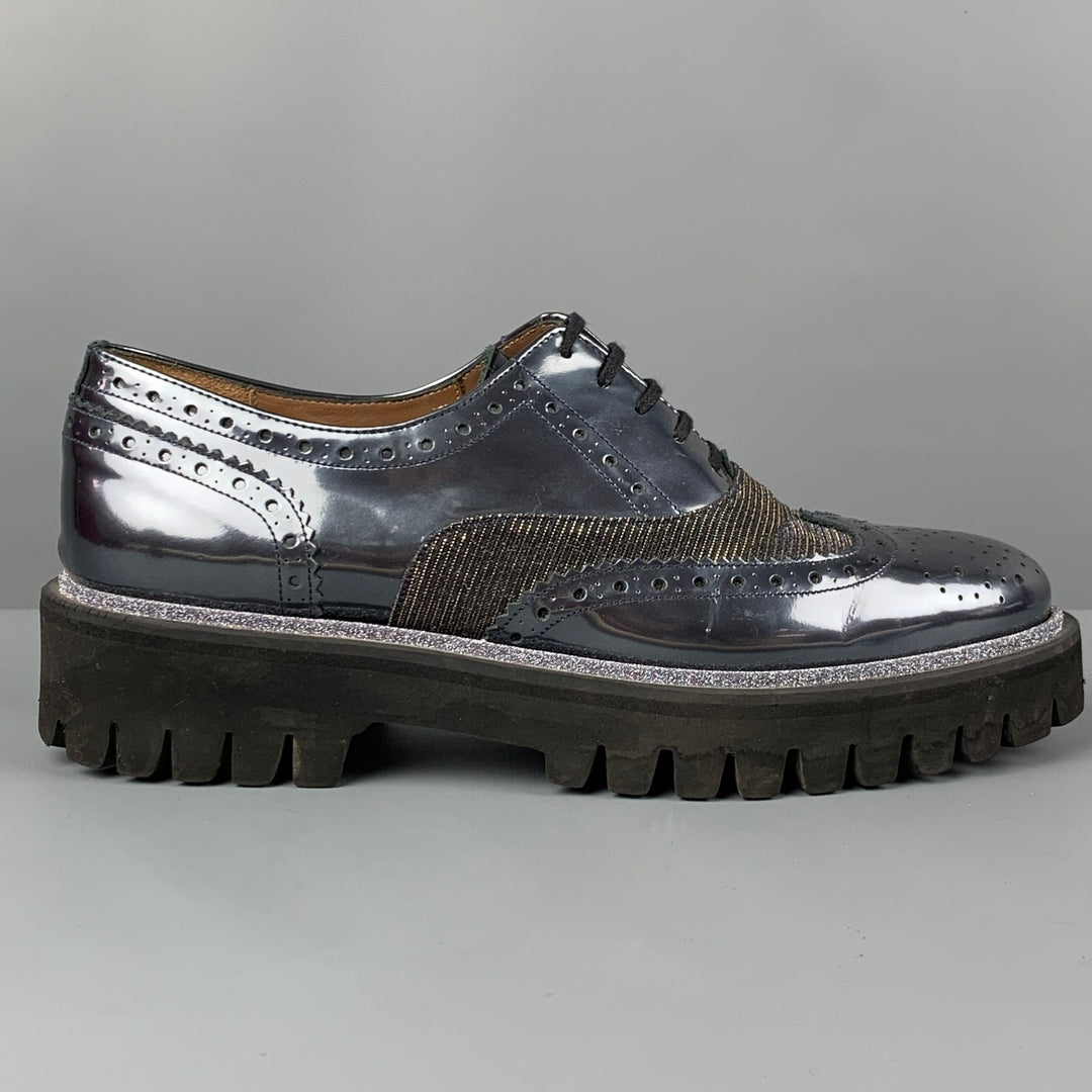 PERTINI Size 7 Silver Gold Perforated Patent Leather Wingtip Shoes