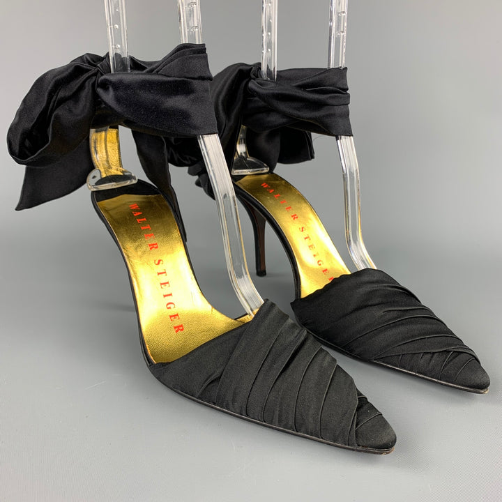 WALTER STEIGER Size 8 Black Satin Silk Ankle Strap Mules