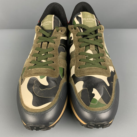 VALENTINO Zapatillas bajas de cuero de camuflaje oliva multicolor talla 12