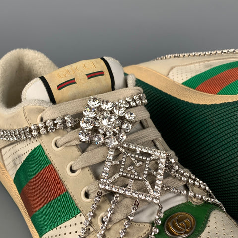 GUCCI Size 8.5 Off White Green Distressed Leather Crystal Screener Sneakers