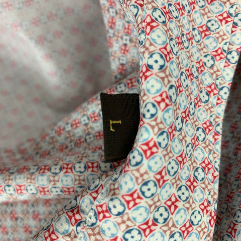 LOUIS VUITTON Size L White Red Grey Print Cotton Button Up Long Sleeve Shirt