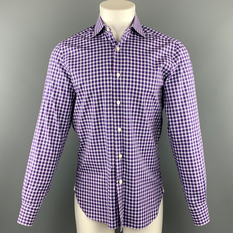 DE CORATO Size S Navy & Purple Plaid Cotton Button Up Long Sleeve Shirt