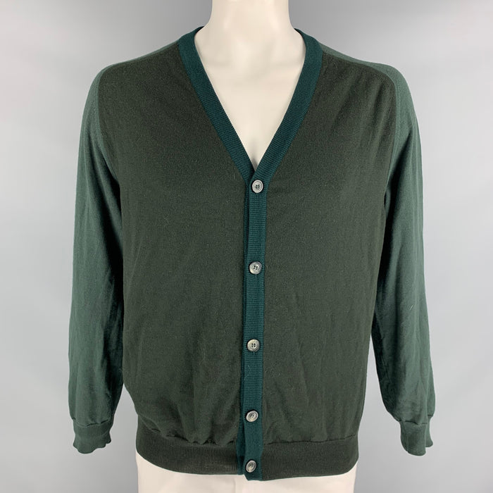 MAISON MARTIN MARGIELA Size XL Olive Green Color Block Wool Button Down Cardigan