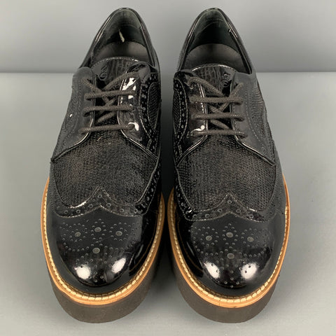 HOGAN Taille 7.5 Chaussures à lacets en cuir verni perforé noir Wingtip