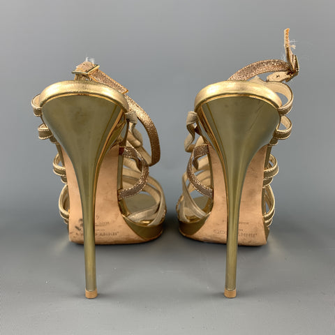 JIMMY CHOO Size 9 Gold Sparkle Leather Strappy Metal Heel Sandals