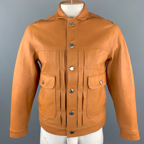 OSCAR H. GRAND Taille M Poches à rabat en cuir beige Boutons argentés Ceinture arrière Veste de camionneur
