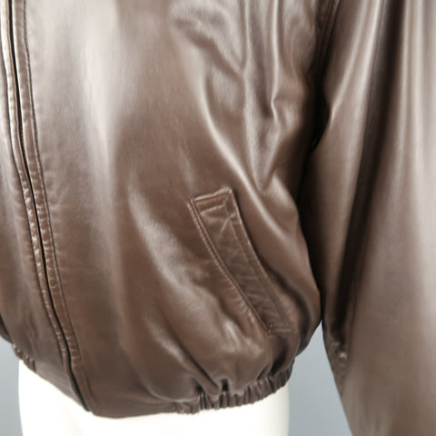 GOLDEN BEAR S Brown Solid Leather Zip Up Collared Bomber Jacket