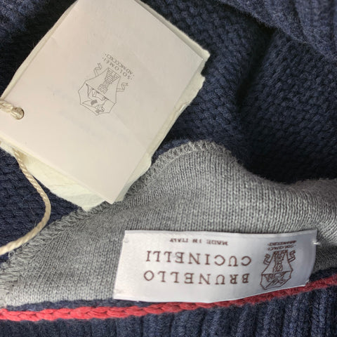 BRUNELLO CUCINELLI Size L Navy Knitted Cotton / Polyamide Shawl Collar Sweater