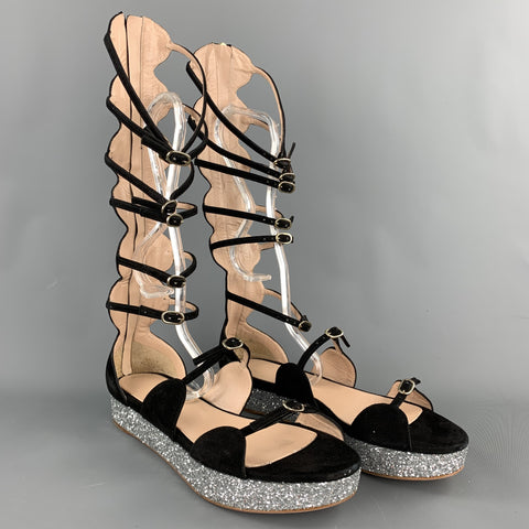 GIAMBATTISTA VALLI S/S 2016 Talla 8 Sandalias de gladiador con purpurina de ante negro