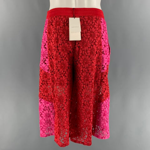 GUCCI Size M Red Pink Floral Viscose Lace Up Shorts