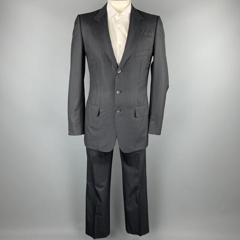 GUCCI 40 Long Black Stripe Wool / Silk Notch Lapel Suit