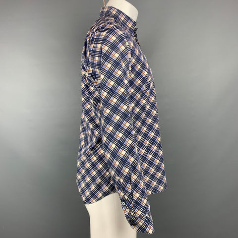 PRADA Size S Navy & White Plaid Cotton Button Up Long Sleeve Shirt