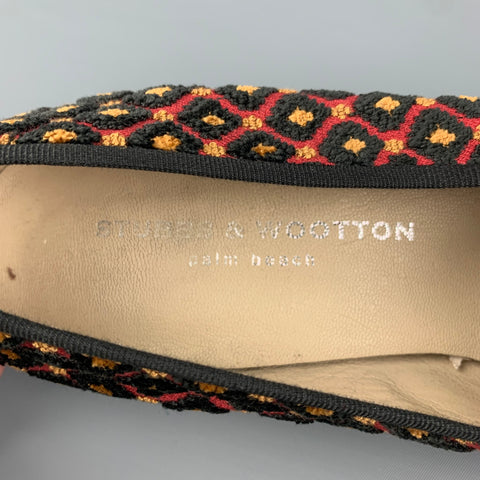 STUBBS &amp; WOOTTON Talla 10 Mocasines planos con textura de terciopelo rojo negro