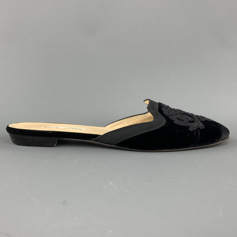 OSCAR DE LA RENTA Size 10 Black Emboidered Velvet  Mule Flats