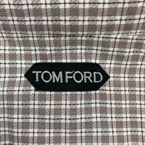 TOM FORD Size XL Brown & White Micro Plaid Cotton Button Up Long Sleeve Shirt