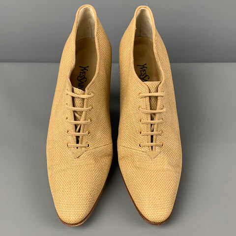 Vintage YVES SAINT LAURENT Size 7.5 Beige Fabric Woven Boots