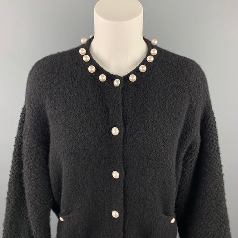 CHANEL Talla 6 Cárdigan de mezcla de cachemir texturizado de punto negro