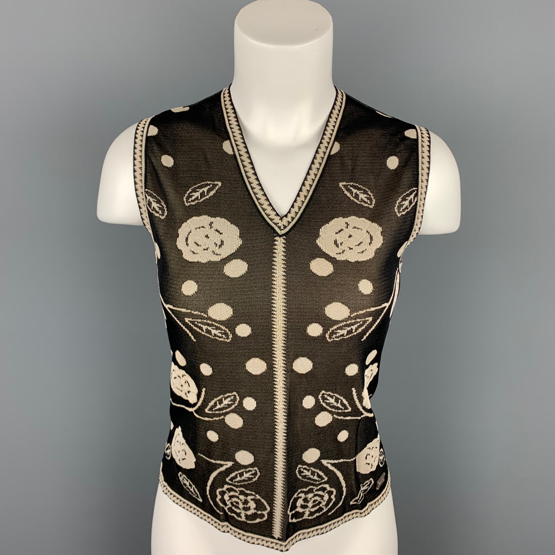 CHANEL Size 8 Black & Cream Knitted Floral Viscose V-Neck Vest
