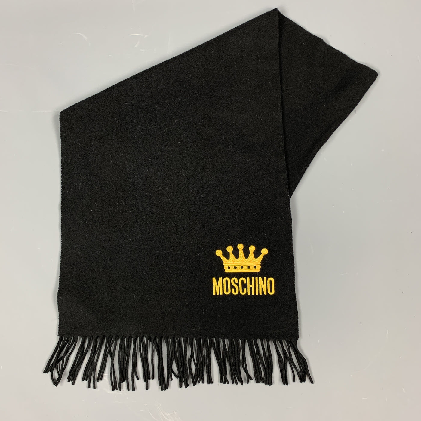 MOSCHINO Black Wool Yellow EMbroidered Crown Logo Fringe Scarf