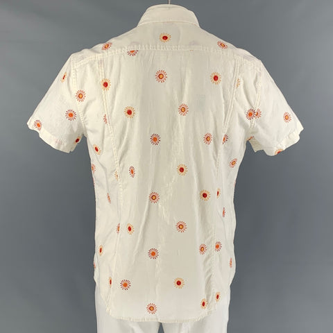 CORRIDOR Size XL White and Orange Linen & Cotton Button Down Short Sleeve Shirt