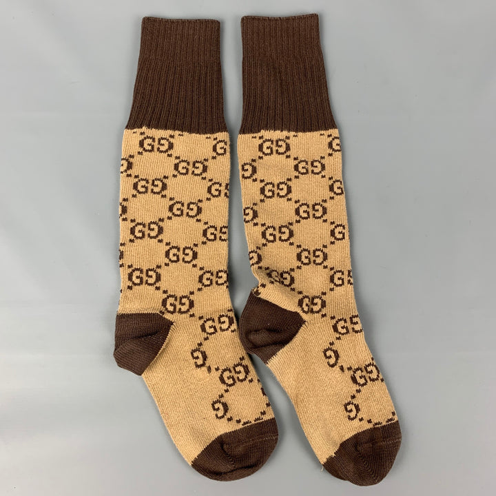GUCCI Brown Beige Monogram Cotton Blend Socks