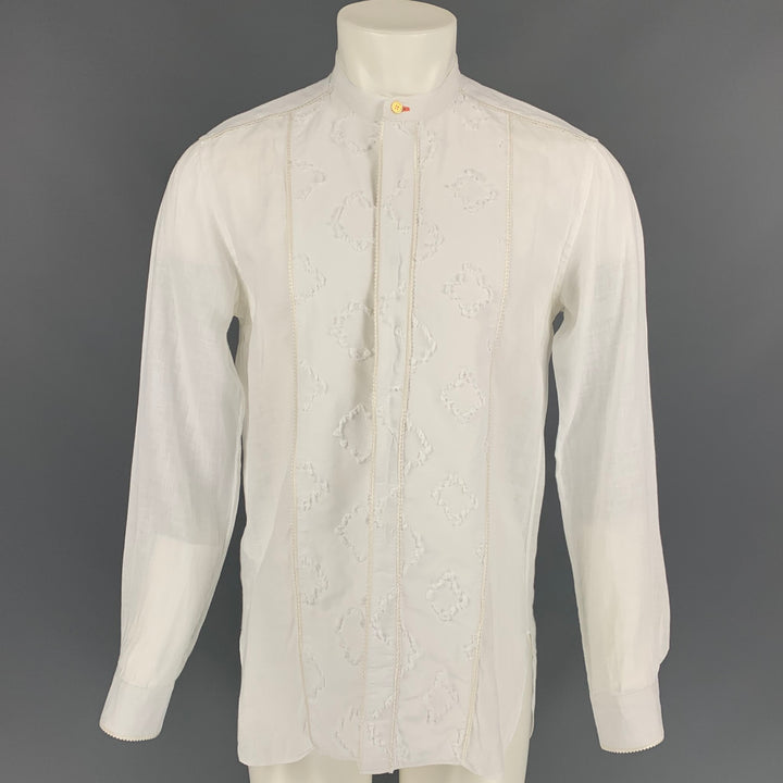 PAUL SMITH Size S White Applique Cotton Nehru Collar Long Sleeve Shirt