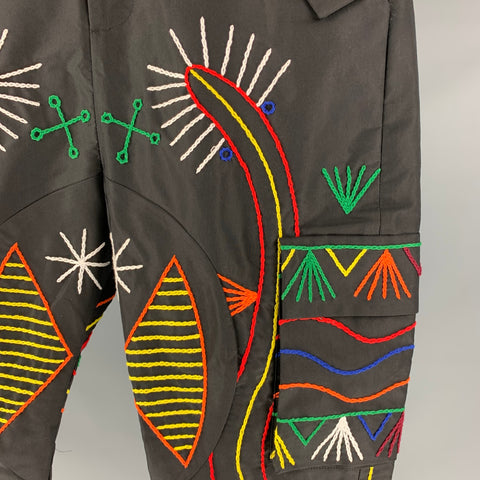 PRABAL GURUNG Size 32 Multi-Color Thread Embroidery Cotton & Polyester Black Cargo Cropped Pants