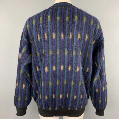 Vintage MISSONI Size XL Black & Blue Stripe Mohair Blend V-Neck Cardigan