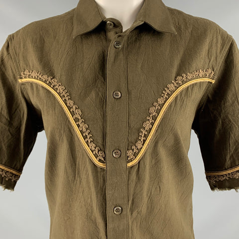 SAINT LAURENT Size 4 Green Gold Embroidered Short Sleeve Casual Top