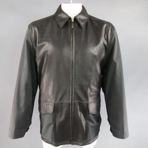 ERMENEGILDO ZEGNA 42 Black Pebbled Leather & Nylon Collared Coat ERMENEGILDO ZEGNA