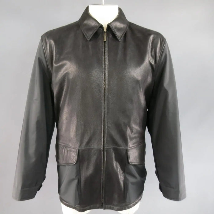 ERMENEGILDO ZEGNA 42 Black Pebbled Leather & Nylon Collared Coat