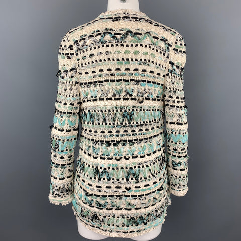 OSCAR DE LA RENTA Size S Cream & Teal Blue Woven Silk Crochet Cardigan Jacket