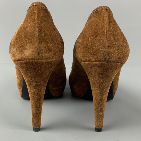 PRADA Size 8.5 Brown Suede Contrast Stitch Platform Pumps