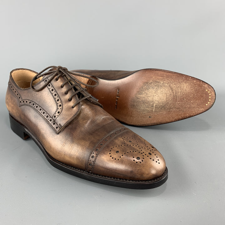 KITON Size 9 Brown Antique Effect Leather Cap Toe Lace Up Brogues