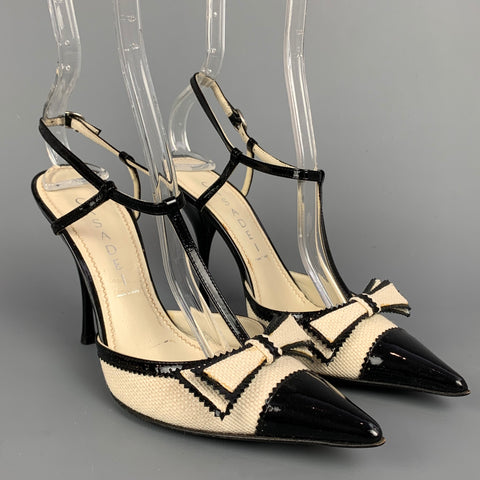 CASADEI Talla 5.5 Zapatos de tacón con tira en T y bloque de color de lino color crema