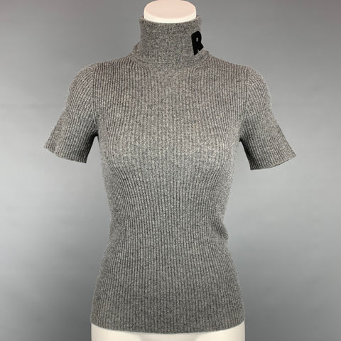 ROCHAS Size S Grey Ribbed Cashmere Turtleneck Short Sleeve Pullover