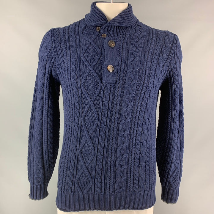 BRUNELLO CUCINELLI Size L Navy Cable Knit Cotton / Polyamide Shawl Collar Sweater