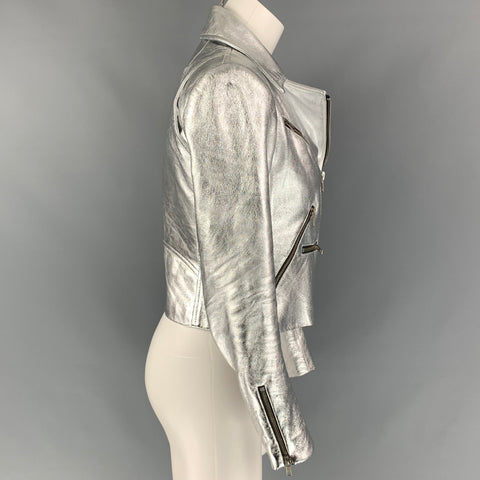 Chaqueta motera de cuero metalizado plateado talla S ALC