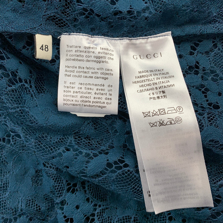 GUCCI S/S 16 Talla S Camisa de manga larga en mezcla de poliamida con bordado de encaje transparente verde azulado