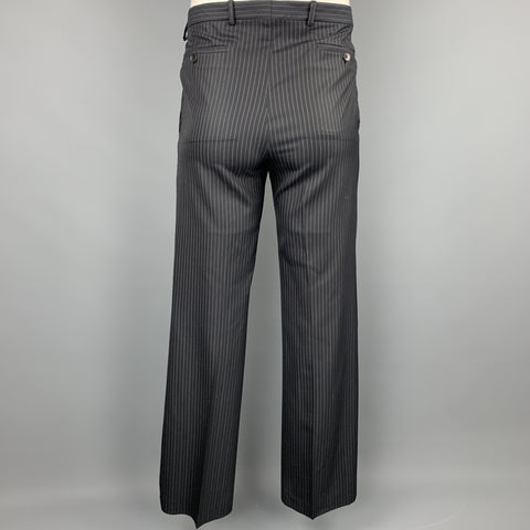 GUCCI 40 Long Black Stripe Wool / Silk Notch Lapel Suit
