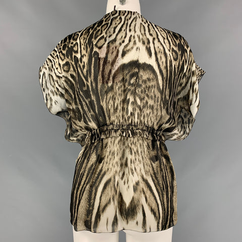 ROBERTO CAVALLI Size 2 Olive Black & White Silk Animal Print Sleeveless Blouse