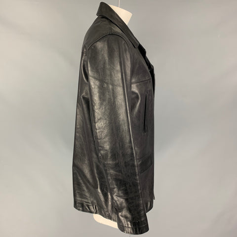 COACH Size L Black Leather Buttoned Coat