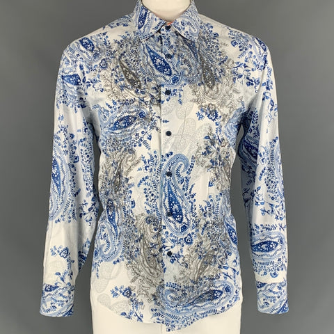 ROBERT GRAHAM Talla XL Camisa de manga larga de algodón con bordado blanco, azul y gris