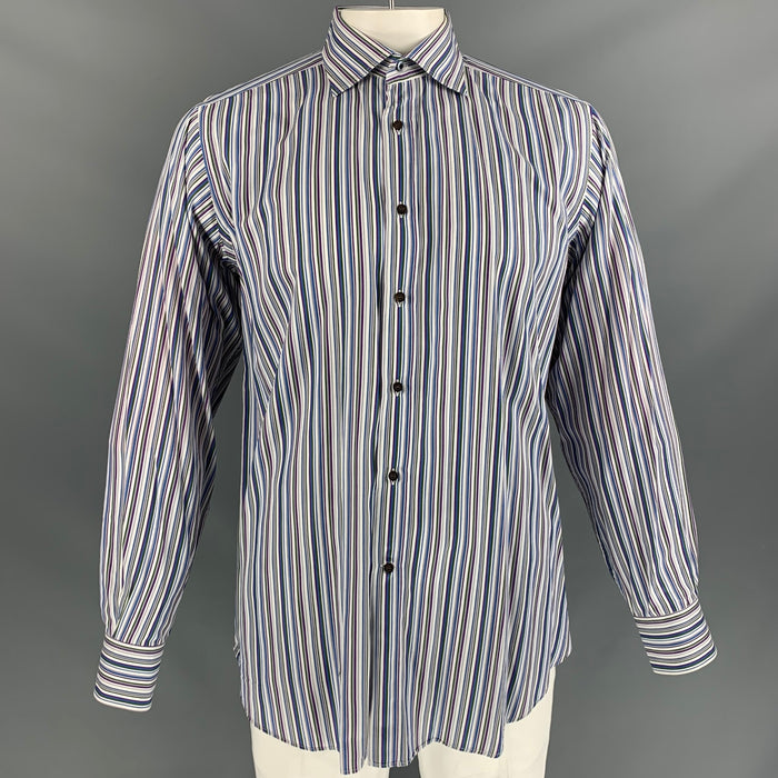 ETRO Size L White Blue Stripe Cotton Button Up Long Sleeve Shirt
