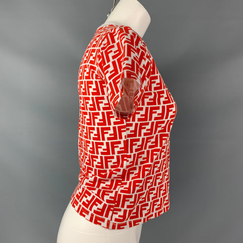 FENDI Size S Red & White Zucca Logo V- Neck T-Shirt