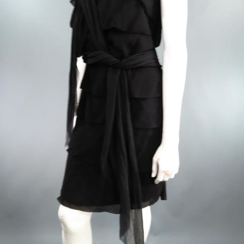 LANVIN S/S 2007 Size 8 Black Silk Tiered Ruffle Draped Tie Flounced Cocktail Dress